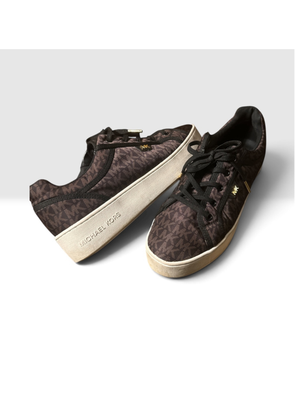 Women's Size 9.5 Michael Kors Logo Print Platform Sneakers Brown/Black Unisex